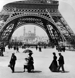 Looking Through the Base of the Eiffel Tower to the Trocadero and Colonial Station, Paris Exhibition, 1900